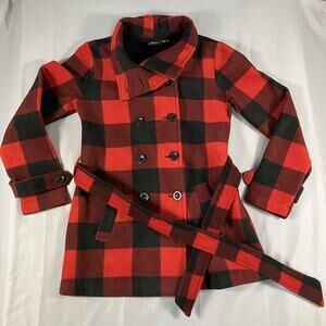 Ike Behar Jacket Womens Small Red Black Buffalo Plaid‎ Belted Peacoat Fleece